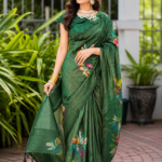 Elegant Emerald Green Paisley Print Silk Saree