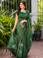 Elegant Emerald Green Paisley Print Silk Saree