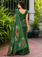 Elegant Emerald Green Paisley Print Silk Saree - Image 2