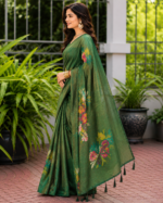 Elegant Emerald Green Paisley Print Silk Saree - Image 3