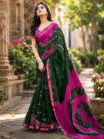 Elegant Green & Pink Korvi Silk Saree