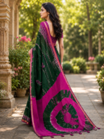 Elegant Green & Pink Korvi Silk Saree - Image 2
