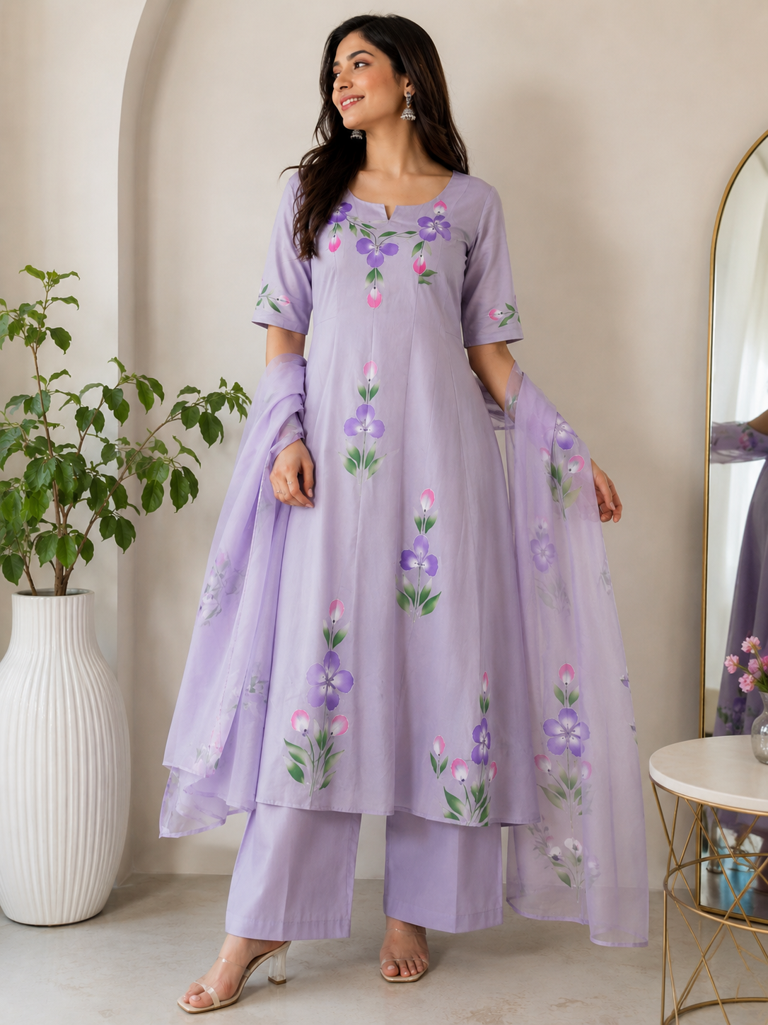 Elegant Lavender Floral 3 Piece Ethnic Set for Women Elegant Lavender Floral 3 Piece Set - Image 1