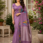 Elegant Lavender Purple Paisley Print Silk Saree