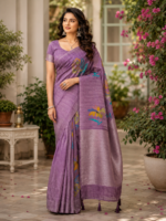 Elegant Lavender Purple Paisley Print Silk Saree