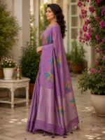 Elegant Lavender Purple Paisley Print Silk Saree - Image 3