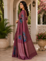 Elegant Mauve Purple Paisley Print Silk Saree - Image 3
