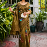 Elegant Olive Gold Paisley Print Silk Saree