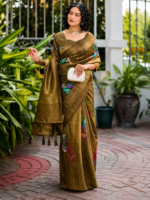 Elegant Olive Gold Paisley Print Silk Saree