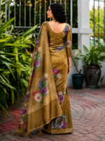 Elegant Olive Gold Paisley Print Silk Saree - Image 2