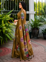 Elegant Olive Gold Paisley Print Silk Saree - Image 3