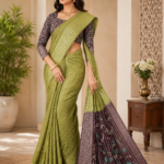 Elegant Olive Green Designer Silk Saree with Floral Contrast Pallu