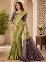 Elegant Olive Green Designer Silk Saree with Floral Contrast Pallu