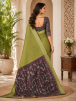 Elegant Olive Green Designer Silk Saree with Floral Contrast Pallu - Image 2
