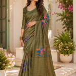 Elegant Olive Green Paisley Print Silk Saree