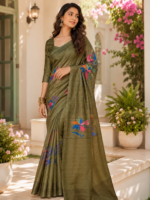 Elegant Olive Green Paisley Print Silk Saree