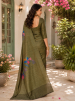 Elegant Olive Green Paisley Print Silk Saree - Image 2