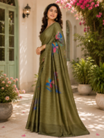 Elegant Olive Green Paisley Print Silk Saree - Image 3