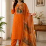 Elegant Orange Embroidered 3 Piece Kurta Set with Dupatta & Pant