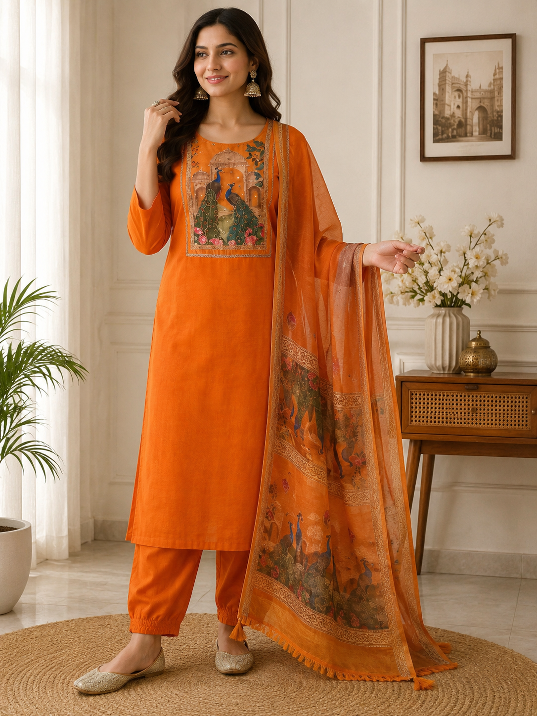 Elegant Orange Embroidered 3 Piece Kurta Set with Dupatta & Pant Elegant Orange Embroidered 3 Piece Kurta Set with Dupatta & Pant - Image 1