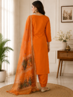 Elegant Orange Embroidered 3 Piece Kurta Set with Dupatta & Pant - Image 2