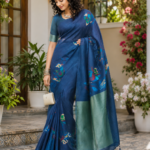 Elegant Royal Blue Paisley Print Silk Saree