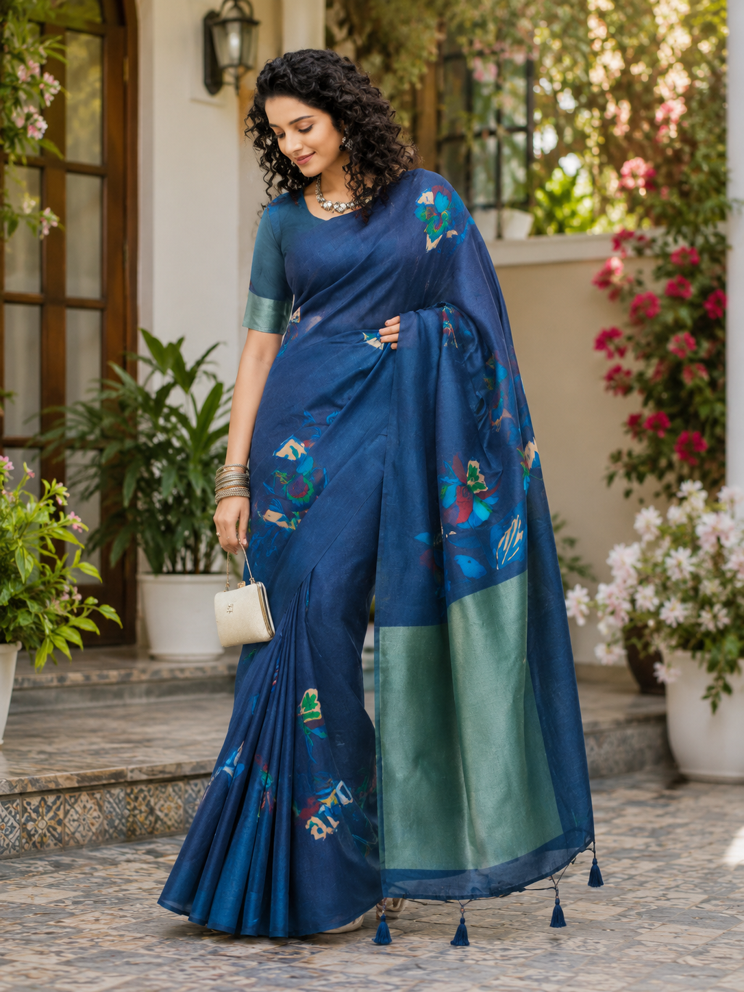 Elegant Royal Blue Paisley Print Silk Saree Elegant Royal Blue Paisley Print Silk Saree - Image 1
