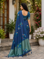 Elegant Royal Blue Paisley Print Silk Saree - Image 2