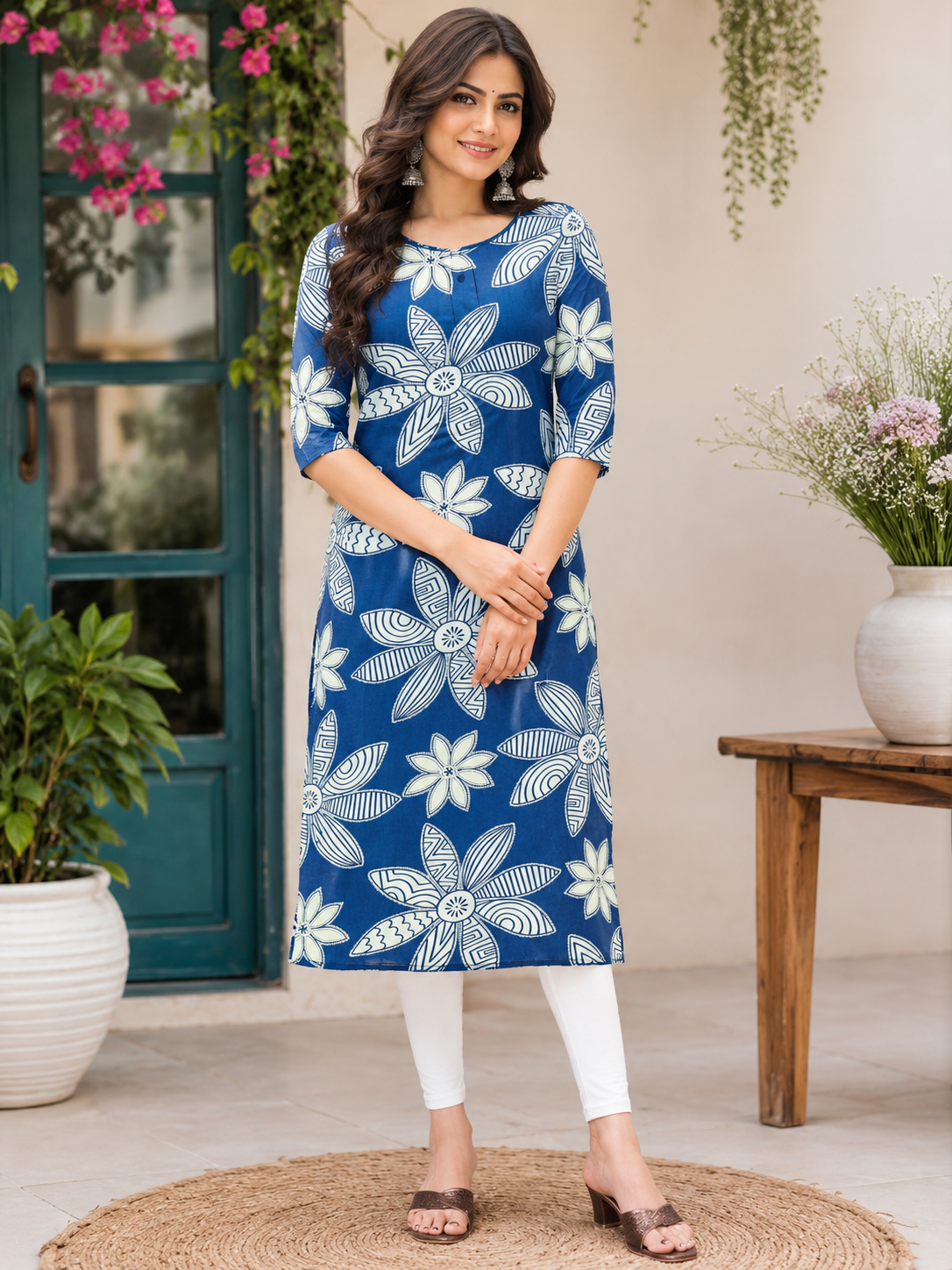 Royal Blue Floral Printed Kurthi Royal Blue Floral Printed Kurthi - Image 1