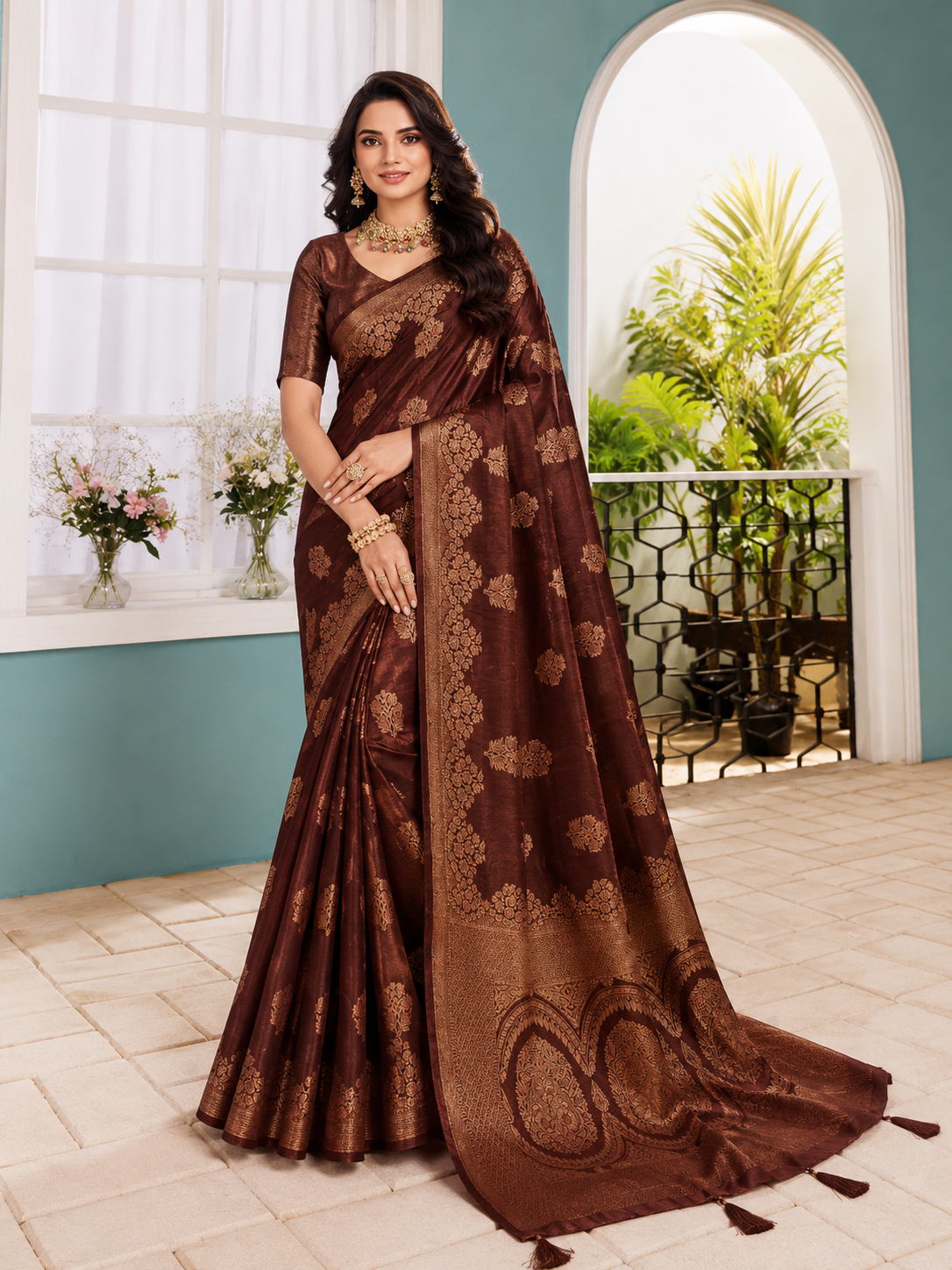 Royal Chocolate Brown Banarasi Chiniya Silk Saree Royal Chocolate Brown Banarasi Chiniya Silk Saree - Image 1
