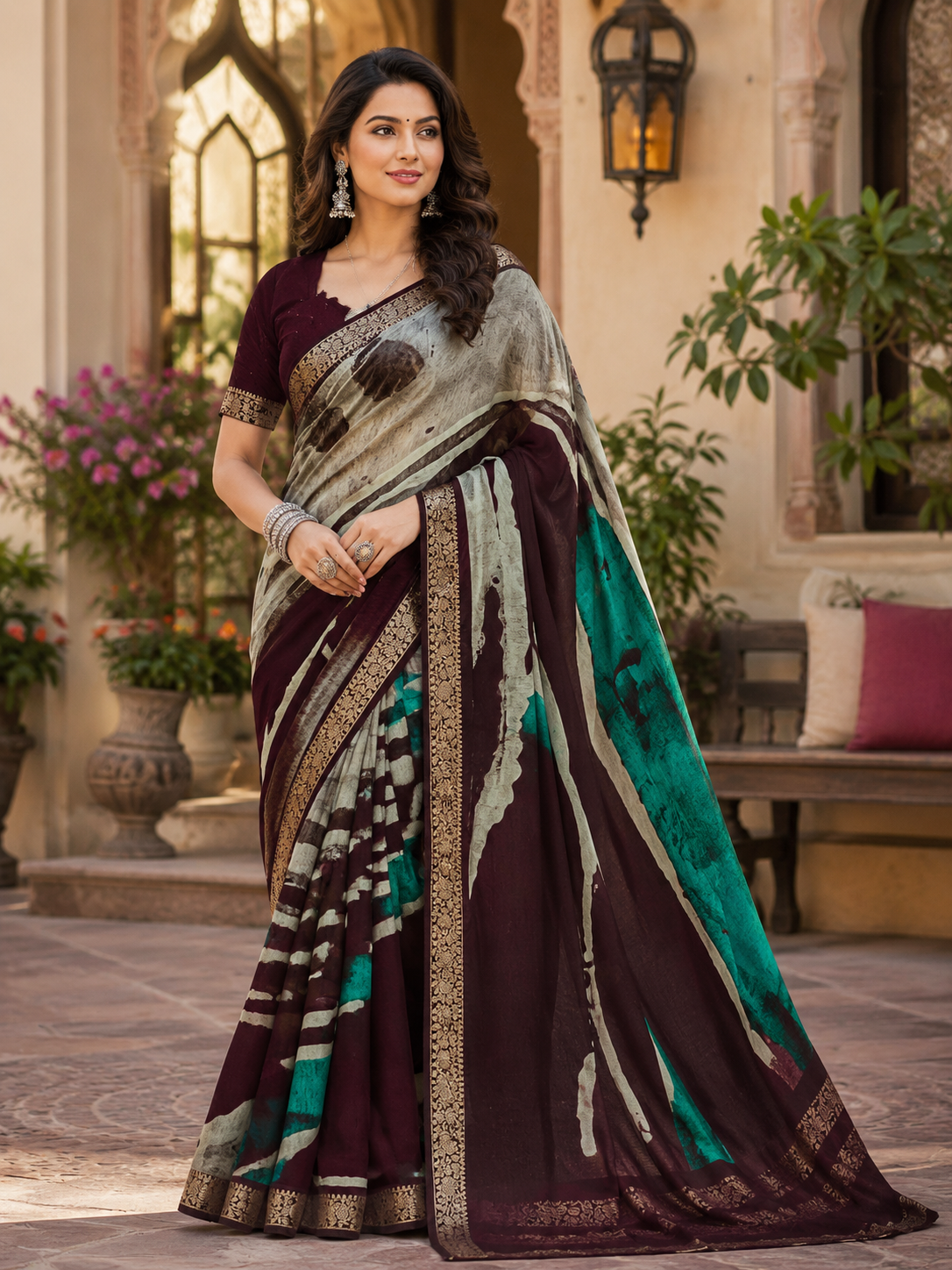 Royal Maroon Designer Sand Paints Saree Royal Maroon Designer Sand Paints Saree - Image 1