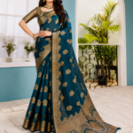 Royal Teal Blue Chiniya Silk Saree with Rich Gold Zari Weaving
