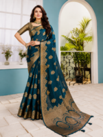 Royal Teal Blue Chiniya Silk Saree with Rich Gold Zari Weaving