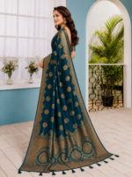 Royal Teal Blue Chiniya Silk Saree with Rich Gold Zari Weaving - Image 3
