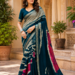Royal Teal Designer Saree with Silver Border