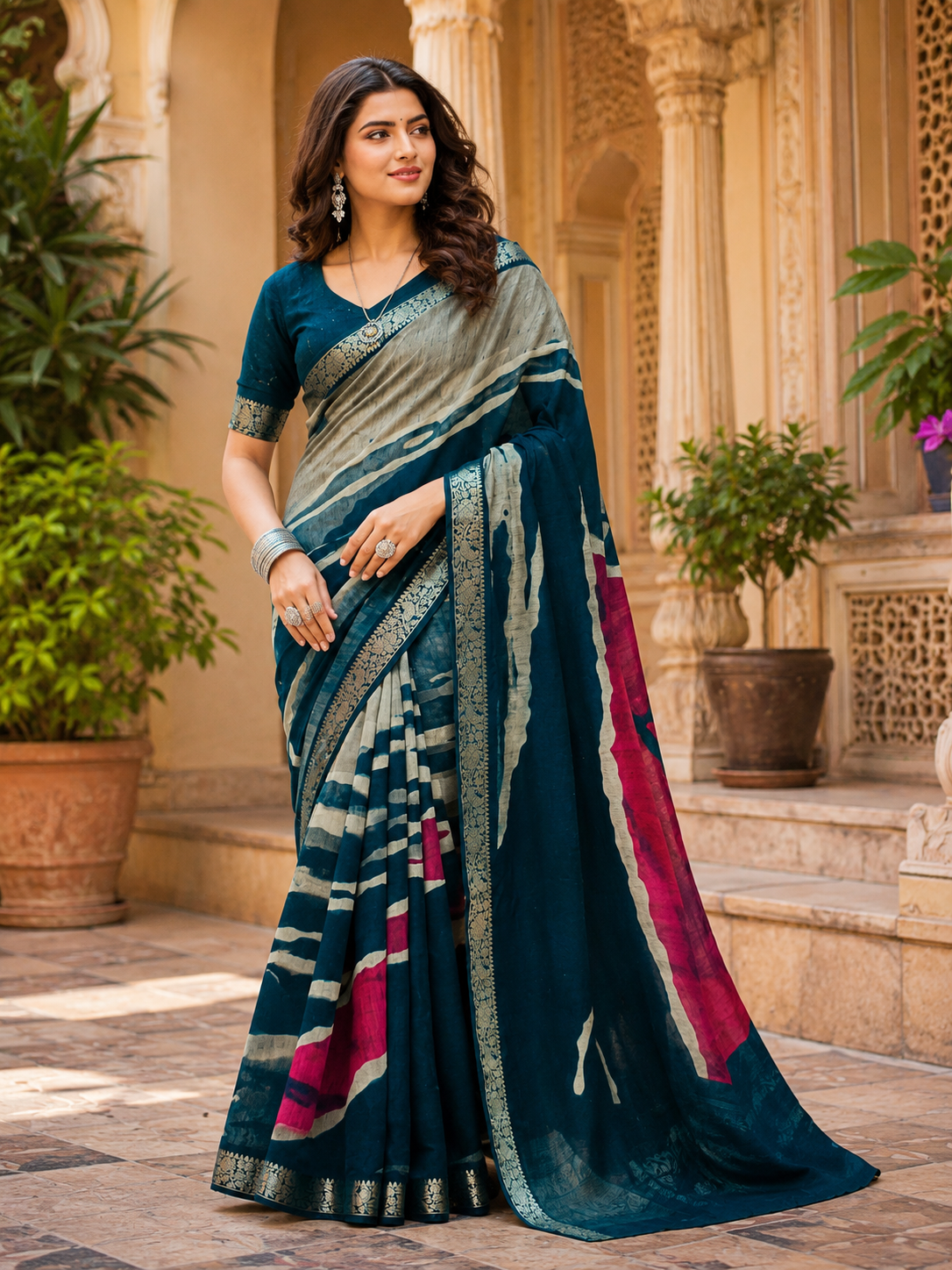 Royal Teal Designer Saree with Silver Border Royal Teal Designer Saree with Silver Border - Image 1