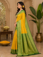 Sunshine Yellow Kadwa Silk Saree with Rich Green Zari Border - Image 3