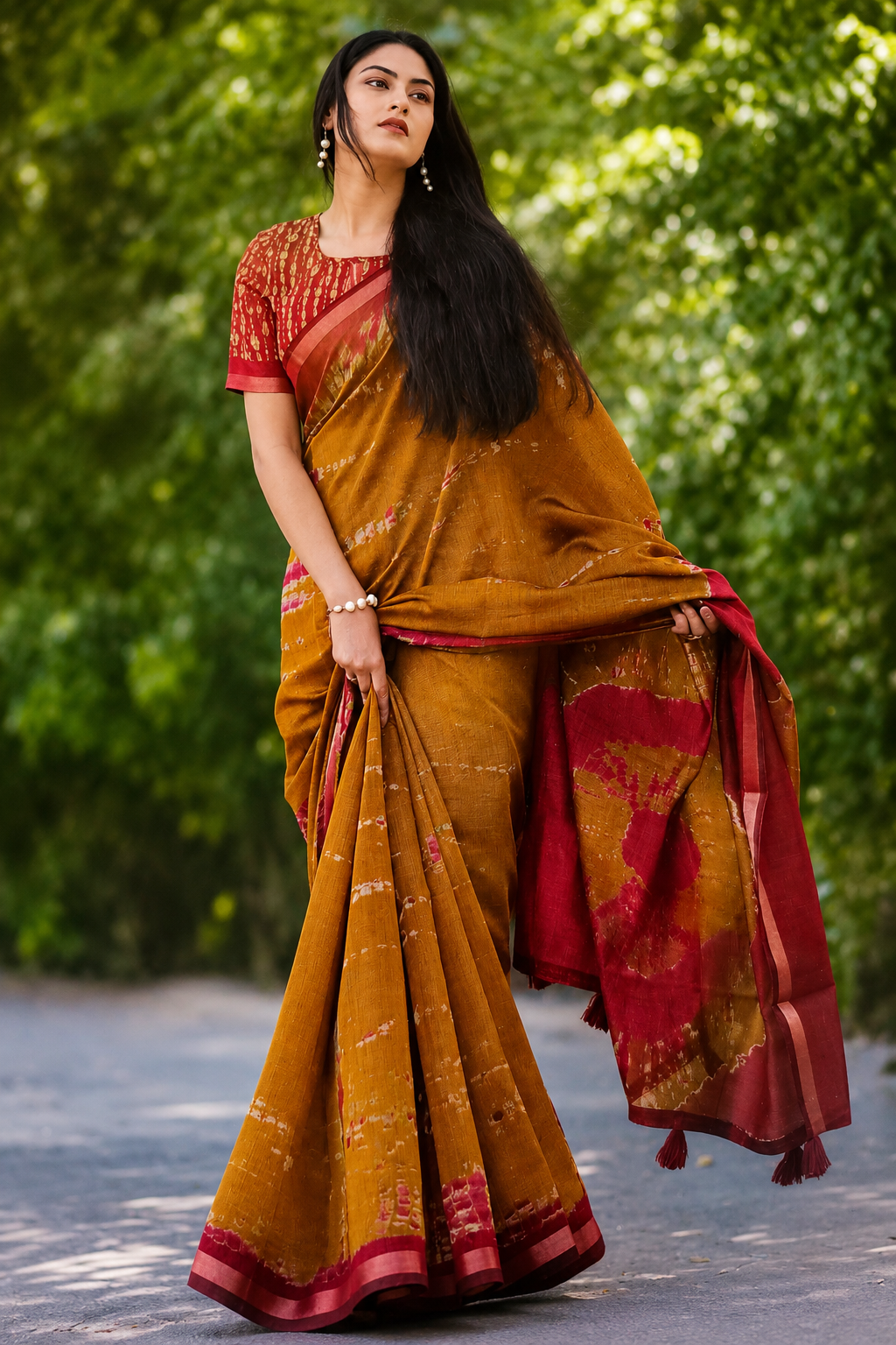 korvisilk-saree1 Elegant Mustard Red Korvi Silk Saree - Image 1