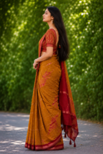 Elegant Mustard Red Korvi Silk Saree - Image 3