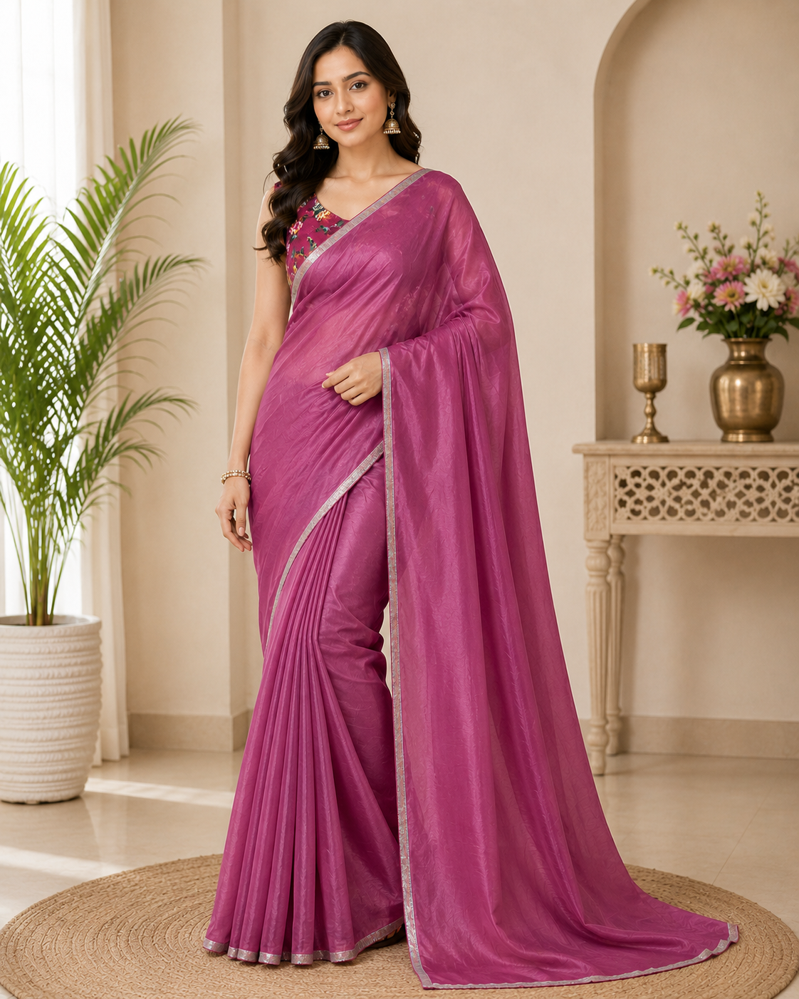1 Elegant Magenta Floral Blouse Saree - Image 1
