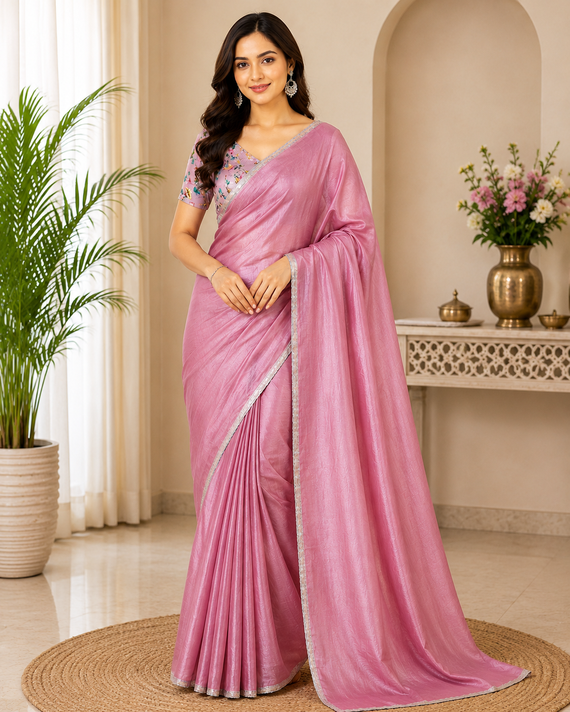 3 Floral Blouse Saree – Pink - Image 1