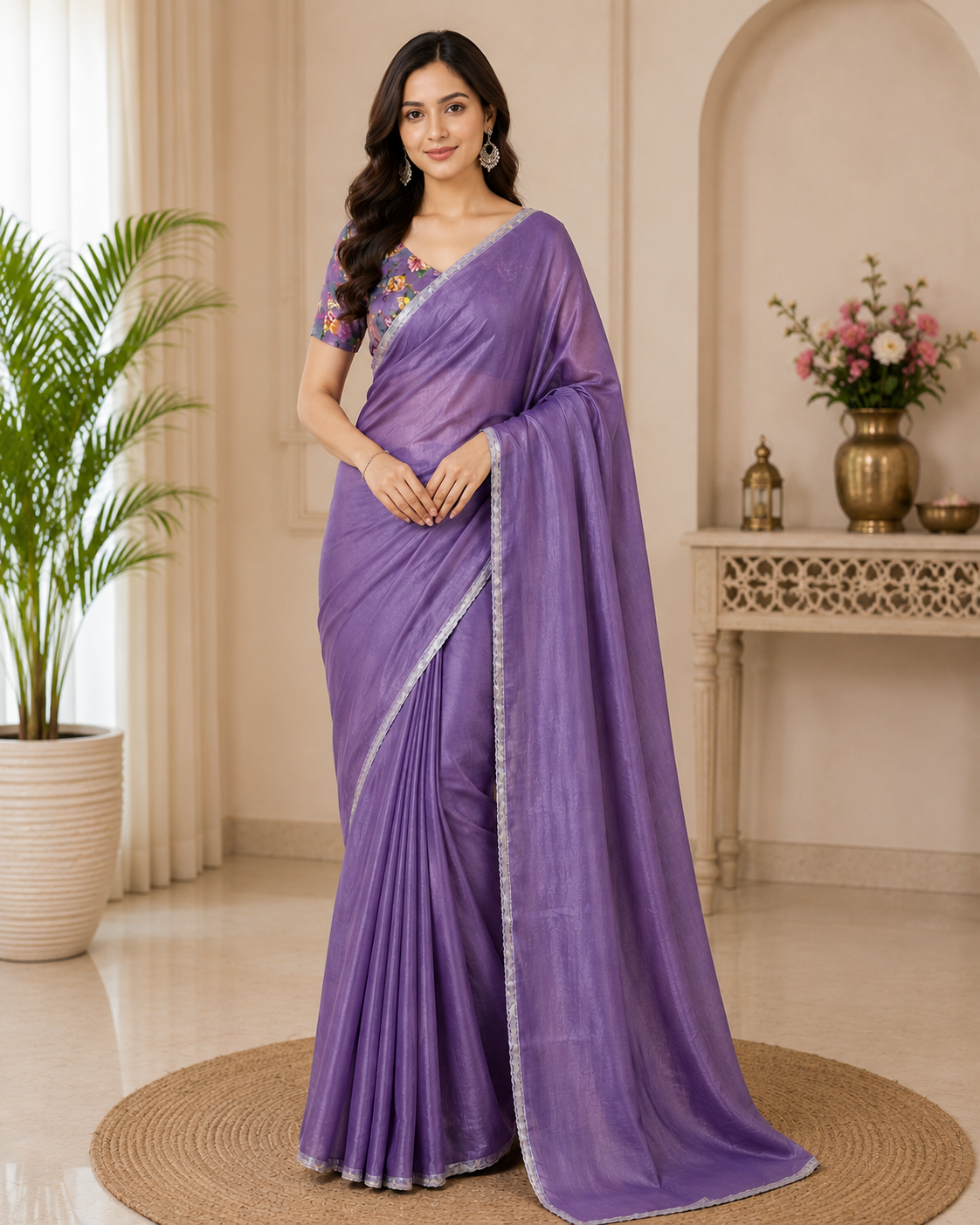 4 Lavender Floral Blouse Designer Saree - Image 1