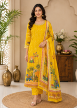 Royal Heritage Yellow 3 Piece Suit Set with Printed Dupatta