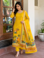 Royal Heritage Yellow 3 Piece Suit Set with Printed Dupatta - Image 3