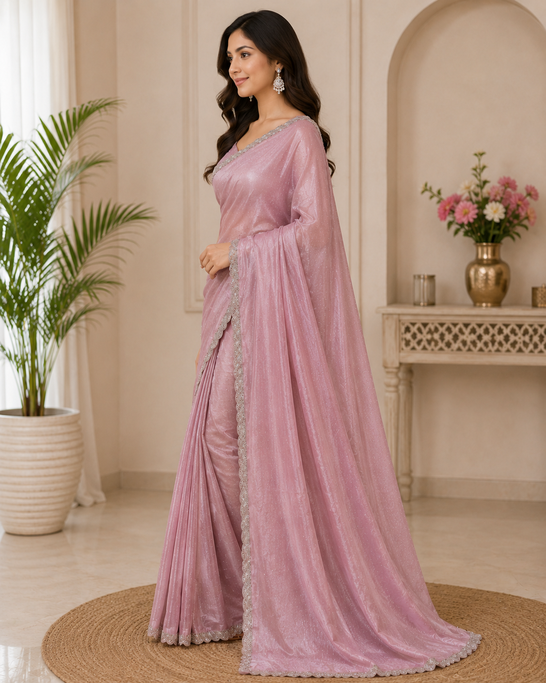 tissue-saree Elegant Blush Pink Tissue Crepe Saree - Image 1