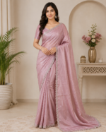 Elegant Blush Pink Tissue Crepe Saree - Image 2